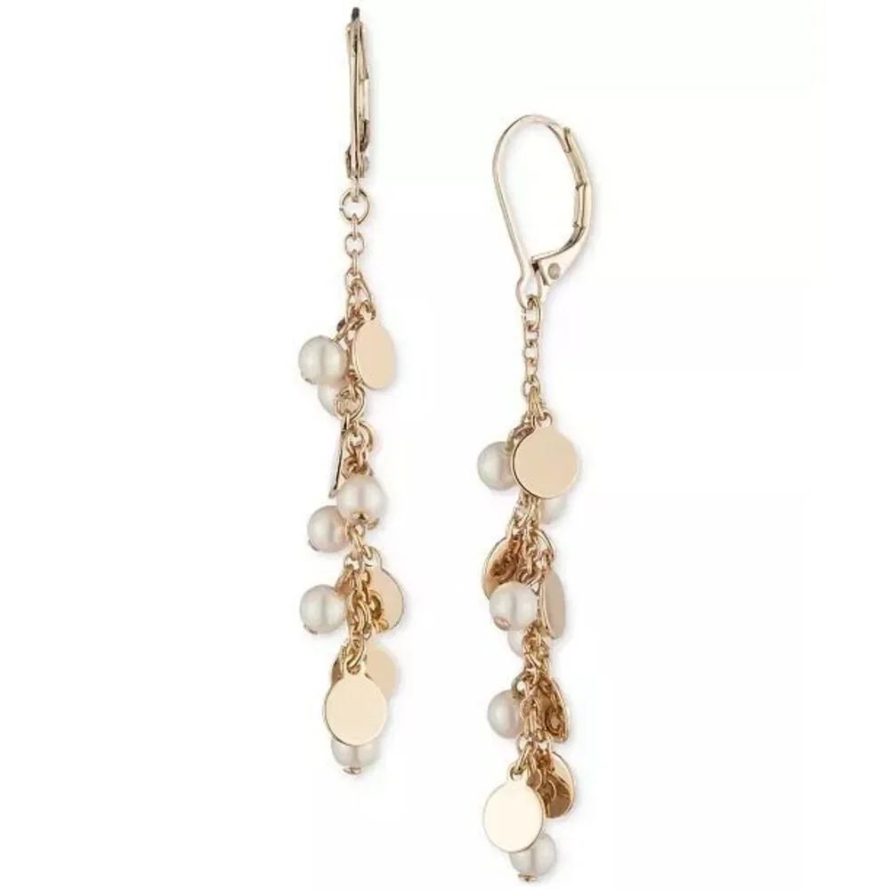 Lauren Ralph Lauren Gold-tone Imitation Pearl Disc Linear Earrings new